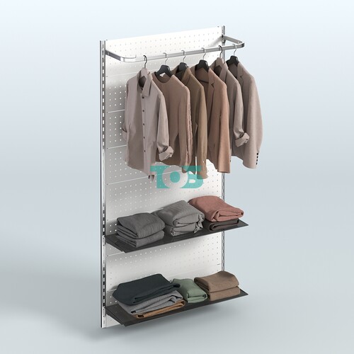 Настенная система для торговли одеждой METAL с задней стенкой, П-образным поручнем и тонированными полками шириной 1000 мм №7