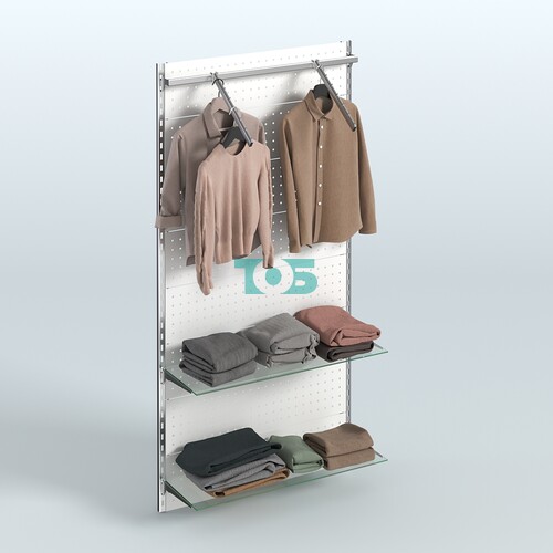 Настенная система для торговли одеждой METAL с задней стенкой, пристенным поручнем и прозрачными полками шириной 1000 мм №9