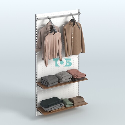 Настенная система для торговли одеждой METAL с задней стенкой, пристенным поручнем и полками из ДСП шириной 1000 мм №11