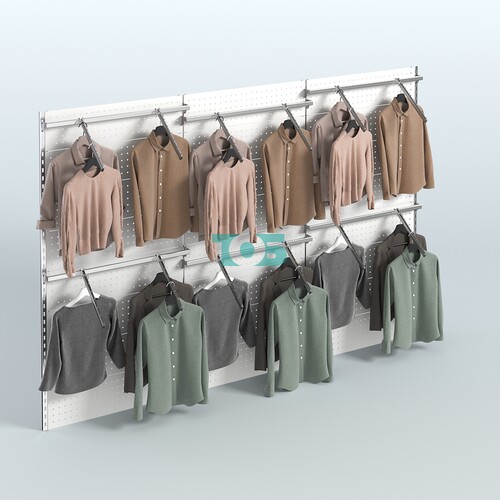 Настенная система для торговли одеждой METAL с задней стенкой шириной 3000 мм с шестью пристенными поручнями №2