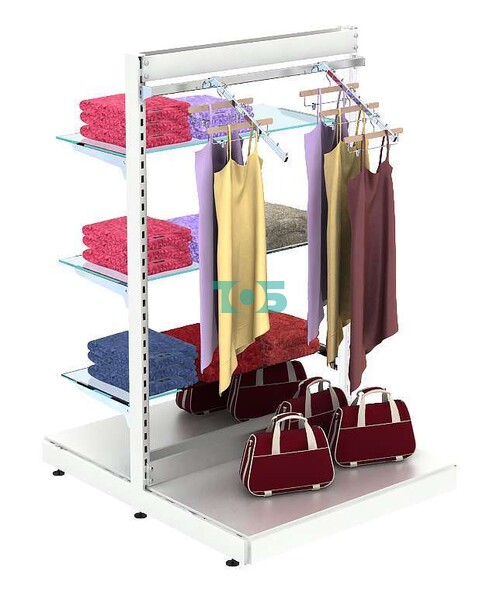 Островная система METAL для одежды без задней стенки с полками из прозрачного стекла и пристенным поручнем №8