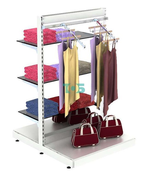 Островная система METAL для одежды без задней стенки с тонированными полками и пристенным поручнем №9