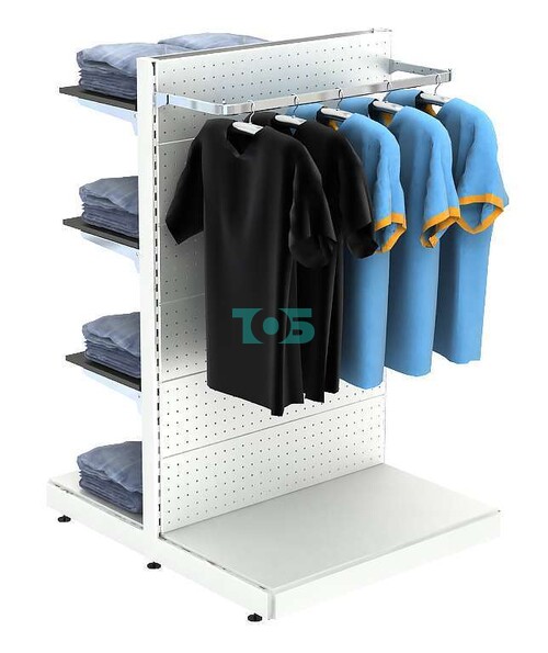 Островная система METAL для одежды с задней стенкой, П-образным поручнем и полками из ДСП №7