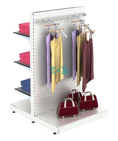 Островная система METAL для одежды с задней стенкой, пристенным поручнем и тремя тонированными полками №9