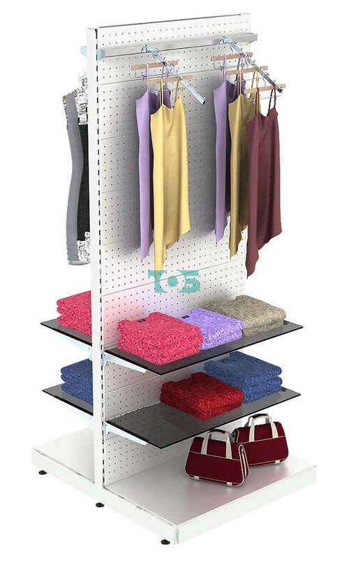 Высокая островная система METAL-2400 для одежды с задней стенкой, пристенными поручнями и тонированными полками №10