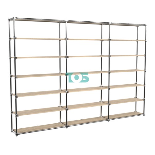 Пристенный торговый трех- секционный стеллаж ЛАЙТ с пятью рядами полок ДСП №10