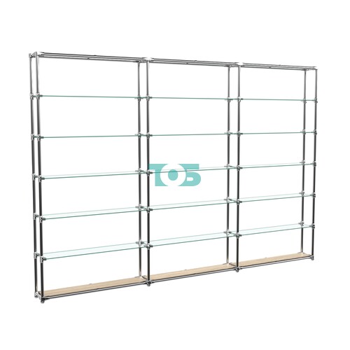 Пристенный торговый трех- секционный стеллаж ЛАЙТ с узкими прозрачными полками №9