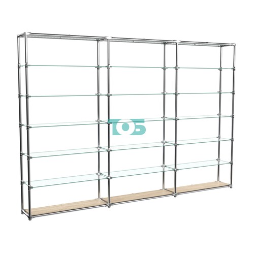 Пристенный торговый трех- секционный стеллаж ЛАЙТ с полками из прозрачного стекла №10