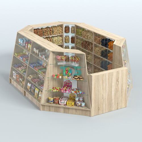 Торговый островок продольный со стеклянными разделителями для продажи конфет и орехов на 120 ячеек №2-2 (8,34 кв.м)