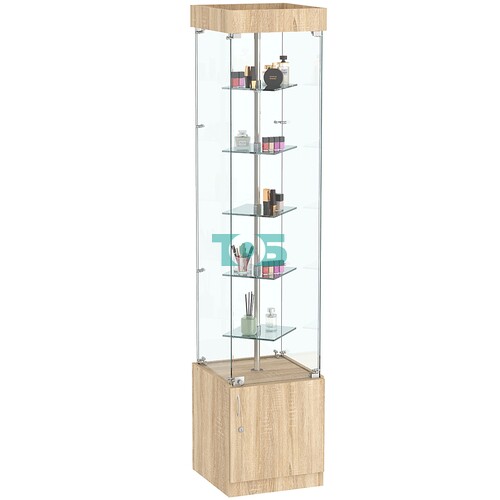 Стеклянная торговая витрина квадратная с маленькими зеркальными полками Квант №2-1