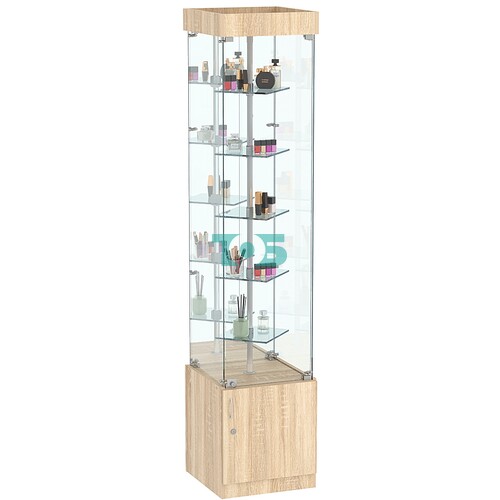 Стеклянная торговая витрина с подсветкой и ярусными зеркальными полками Квант №4-2