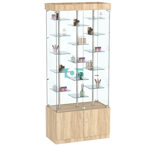 Стеклянная торговая витрина в прозрачном каркасе с маленькими зеркальными полками Квант №1-2