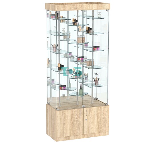 Стеклянная торговая витрина с маленькими зеркальными полками на хромированных держателях Квант №3-3