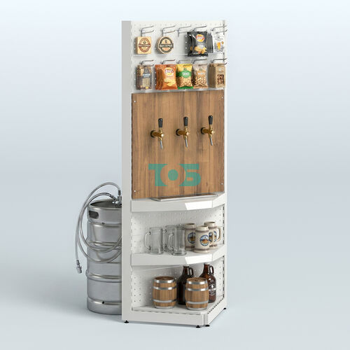 Угловой металлический стеллаж под врезные краны с двумя полками для магазина разливного пива и рыбы BEER&FISH-УМС-2150-1