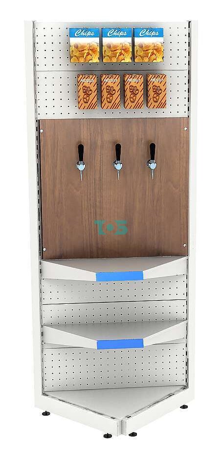 Угловой металлический стеллаж под врезные краны с двумя полками для магазина разливного пива и рыбы BEER&FISH-УМС-2150-1