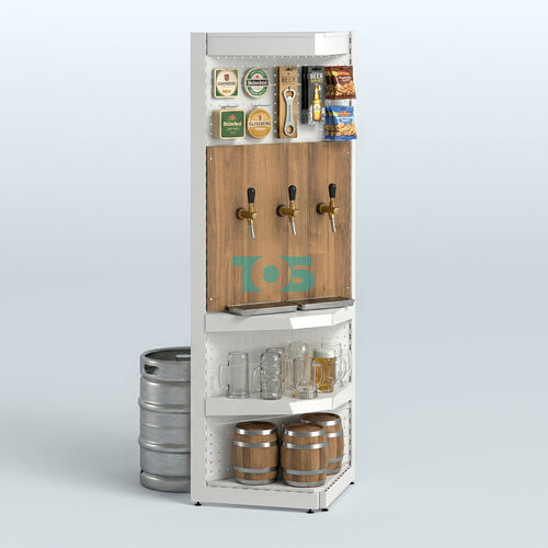 Угловой металлический стеллаж под врезные краны с верхним фризом для магазина разливного пива и рыбы BEER&FISH-УМС-2150-2