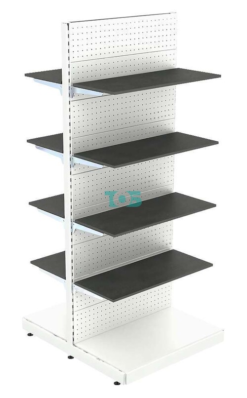 Высокий островной металлический стеллаж с восемью полками ДСП для магазина в стиле ЛОФТ-ОМЛ-03