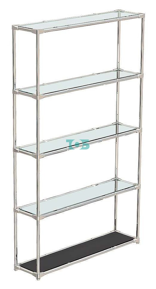 Хромированный каркасный стеллаж с прямоугольными стеклянными полками для магазина в стиле ЛОФТ №Л-ПР-03