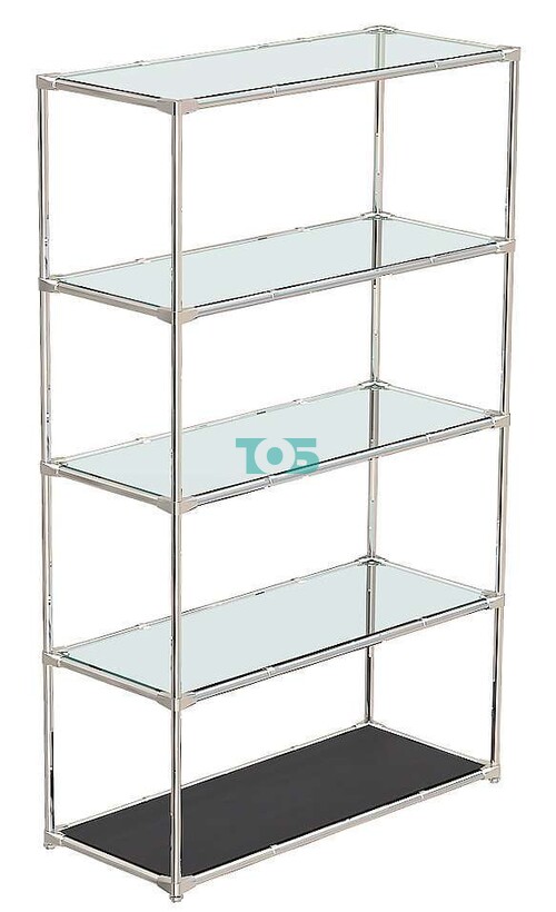 Хромированный стеллаж с открытыми полками из прозрачного стекла для магазина в стиле ЛОФТ №Л-ПР-05