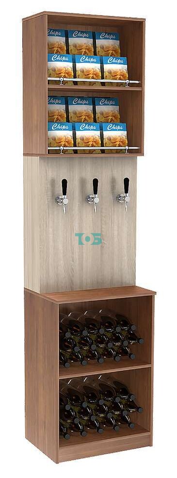 Специализи- рованный стеллаж из ДСП под врезные краны с высокой антресолью для магазина разливного пива и рыбы BEER&FISH-СПД-03-600