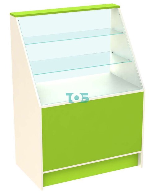 Недорогой прилавок из ДСП с наклонным фасадным стеклом для аптеки ЛАЙМ-НПЭ-07-900