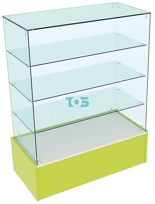 Стеклянный высокий прилавок на подиуме и тремя прозрачными полками для аптеки ЛАЙМ-СПИ-28