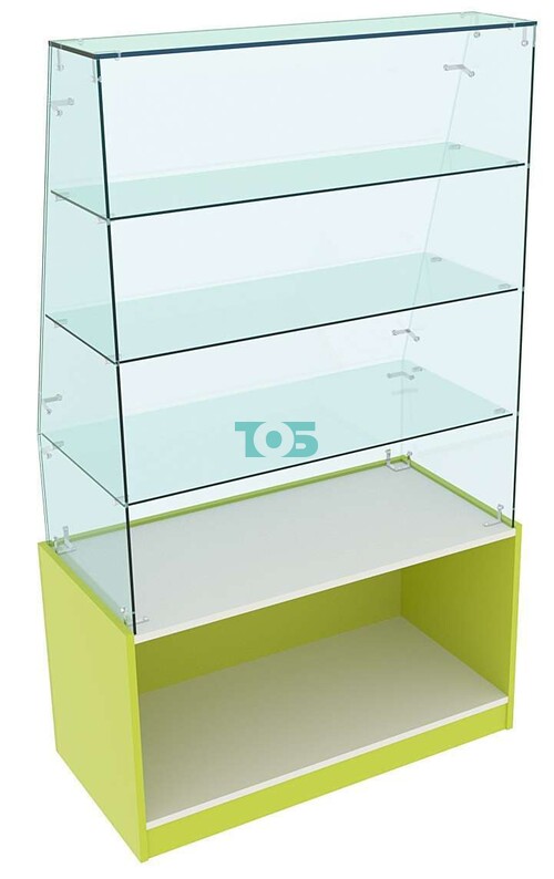 Стеклянный прилавок с наклонным фасадным стеклом для аптеки ЛАЙМ-СПИ-15