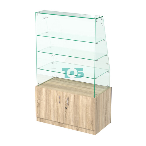 Стеклянный прилавок с декором и наклонным фасадным стеклом №СПБА-15