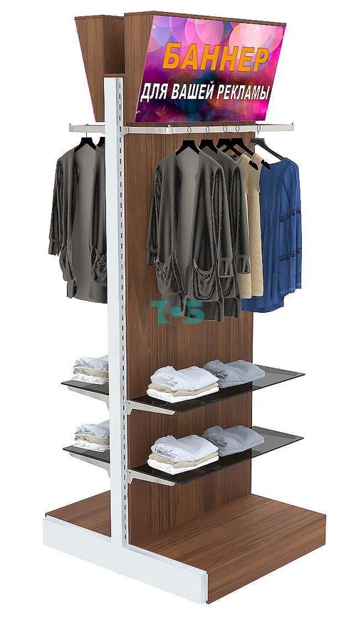 Высокая островная система ФЕНИКС для одежды с тонированными полками и лайтбоксами №8