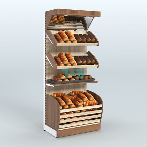 Широкий стеллаж для продажи хлеба и выпечки с нижней корзиной - накопителем и зеркальным фризом СХНФ-02