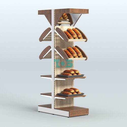 Стеллаж для хлеба островной узкий с прямыми и наклонными полками и зеркальным фризом СХОВФ-06
