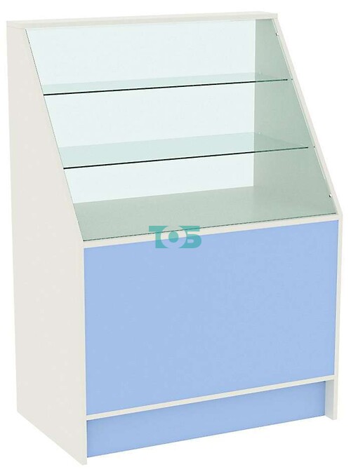 Недорогой прилавок из ДСП с наклонным фасадным стеклом для аптеки ГОЛУБОЙ ГОРИЗОНТ-07-900