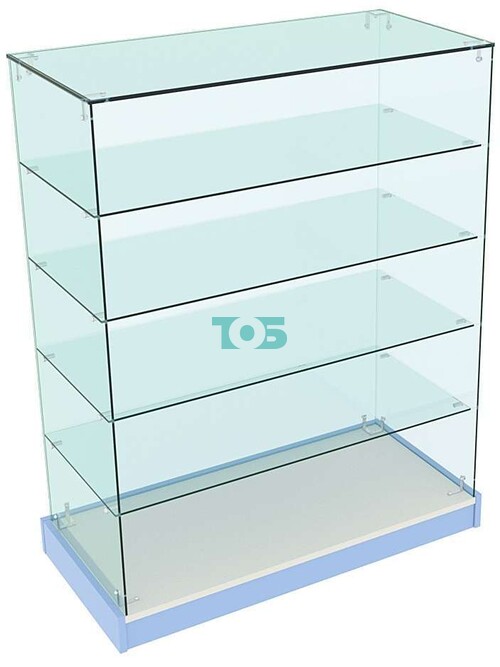 Стеклянный высокий прилавок с четырьмя прозрачными полками для аптеки ГОЛУБОЙ ГОРИЗОНТ-СПИ-29