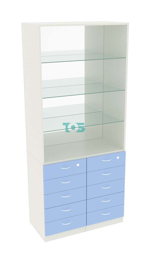 Шкаф для аптек с 10-ю ящиками полками стекло и зеркалом серии ГОЛУБОЙ ГОРИЗОНТ №6-1-СЗ