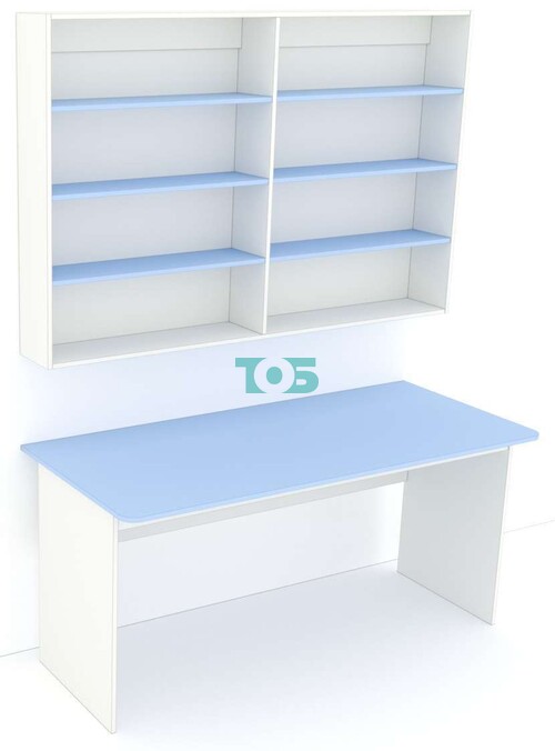 Распаковочный большой стол с антресолью для аптеки ГОЛУБОЙ ГОРИЗОНТ-Р-05