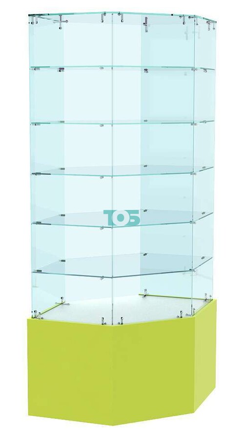 Угловая витрина для аптеки с пятью полками и прозрачным верхом серии ЛАЙМ №9118