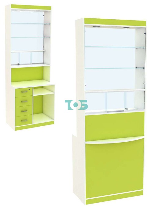 Высокая кассовая витрина из ДСП для аптеки серии СТРЕЛА - ЛАЙМ №5