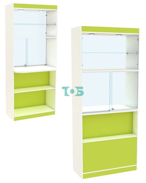 Витрина - прилавок с полкой ДСП для аптеки первой линии ЛАЙМ-ВП-01