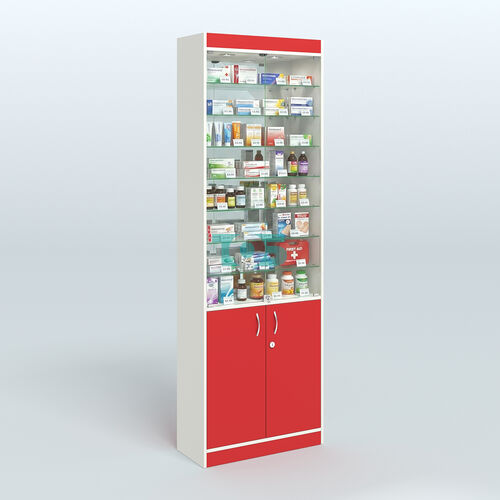 Витрина из ДСП с дверками и узкими полками для аптеки №6-300-3