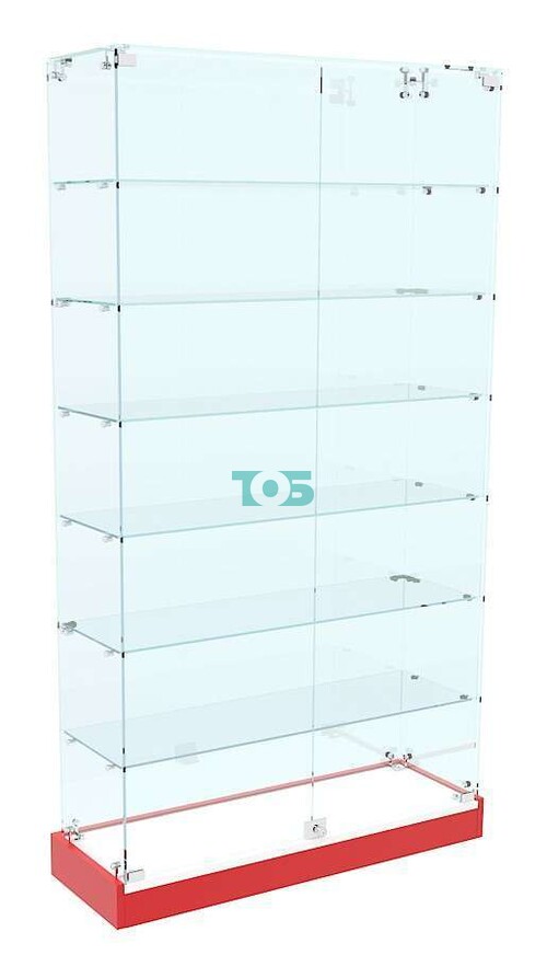 Стеклянная витрина узкая прозрачная в центр зала для аптеки RED-ХП-09