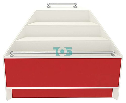 Прилавок - горка внешний угол с хром ограничителями для аптеки RED-ПГ-1А