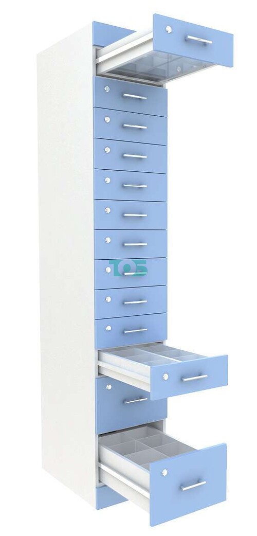 Рецептурный шкаф для аптек METACASE №1 глубиной 600 мм серии ГОЛУБОЙ ГОРИЗОНТ (13 ящиков)