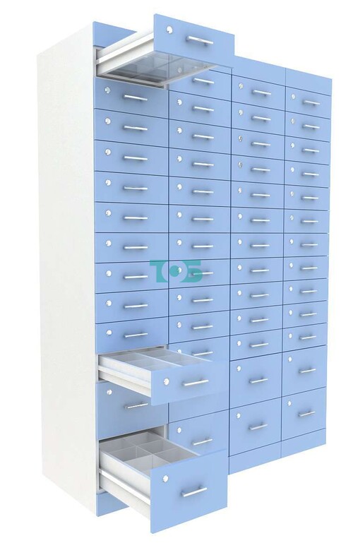 Рецептурный шкаф для аптек METACASE №4 глубиной 600 мм серии ГОЛУБОЙ ГОРИЗОНТ (52 ящика)