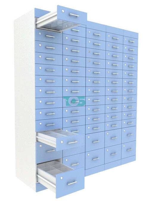 Рецептурный шкаф для аптек METACASE №5 глубиной 600 мм серии ГОЛУБОЙ ГОРИЗОНТ (65 ящиков)