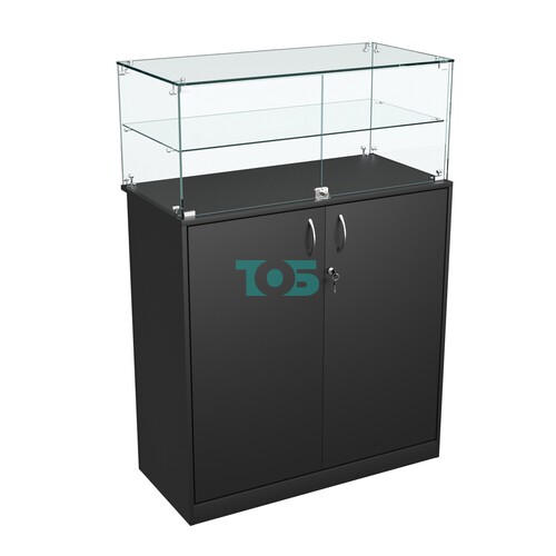 Торговый прилавок прямоугольный с декоративной накладкой и одной полкой КРУГ №2