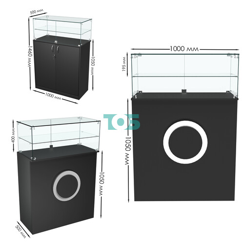 Торговый прилавок прямоугольный с декоративной накладкой и одной полкой КРУГ №2