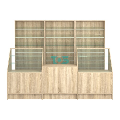 Комплект стеллажей с наклонными стеклянными полками SL-6 №12 и прилавков ЭК-07