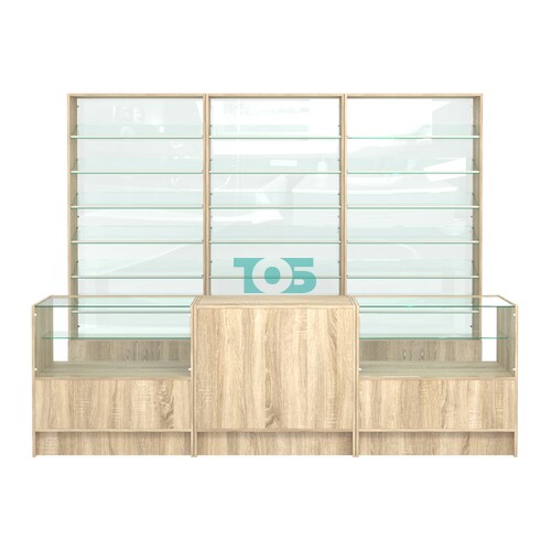 Комплект стеллажей с наклонными стеклянными полками SL-6 №12-1 и прилавков ЭК-03