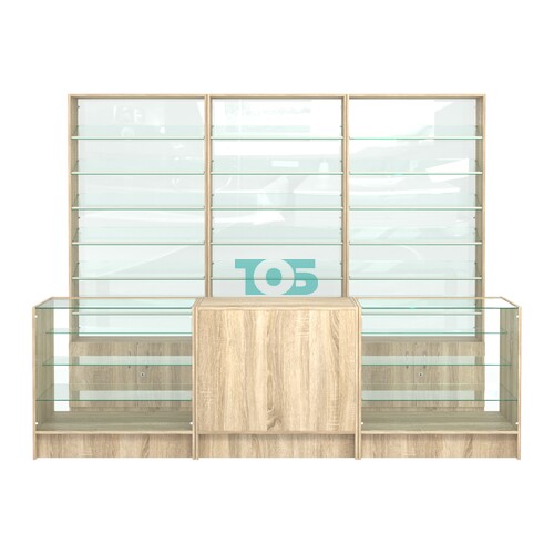 Комплект стеллажей с наклонными стеклянными полками SL-6 №12-1 и прилавков ЭК-04