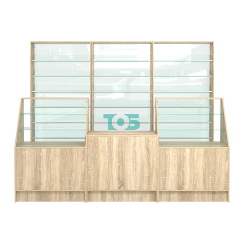 Комплект стеллажей с наклонными стеклянными полками SL-6 №12-1 и прилавков ЭК-07